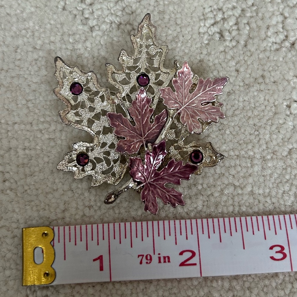 Vintage Brooch Pin Kenneth Cole Silver Color Pink Enamel Fall Leaf Autumn